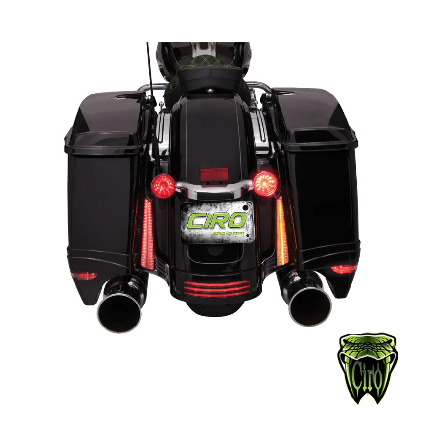 Ciro LED Fascia Filler Panel Lights. Red Run & Brake With Amber Turn And Black or Chrome Housing. Fits Street Glide 2014up, Road Glide 2015up & Road King Special 2017up