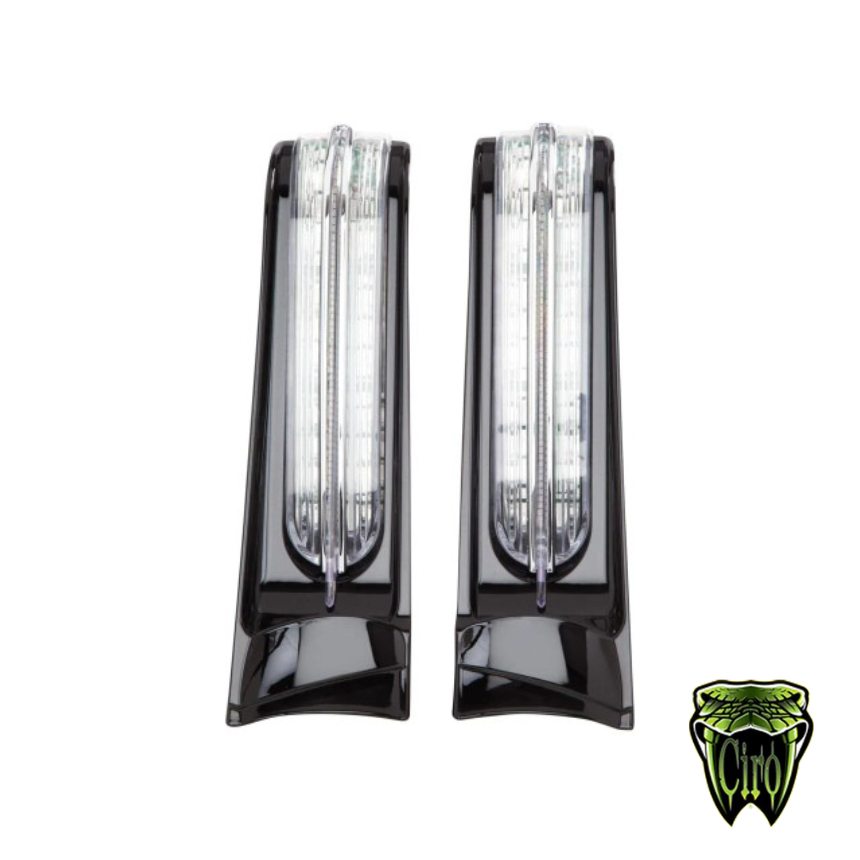 Ciro LED Filler Panel Lights. Red Run & Brake With Amber Turn And Black or Chrome Housing. Fits Ultra & Road King Touring Models 2014up & Street/Road Glide ST 2022up