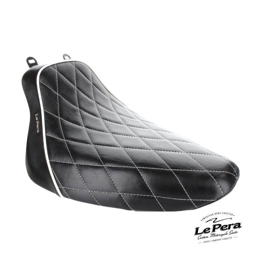 Bare Bones Solo Seat With White Stitching & White Piping. Fits Softail 2008-2017 With 150 OEM Rear Tyre.