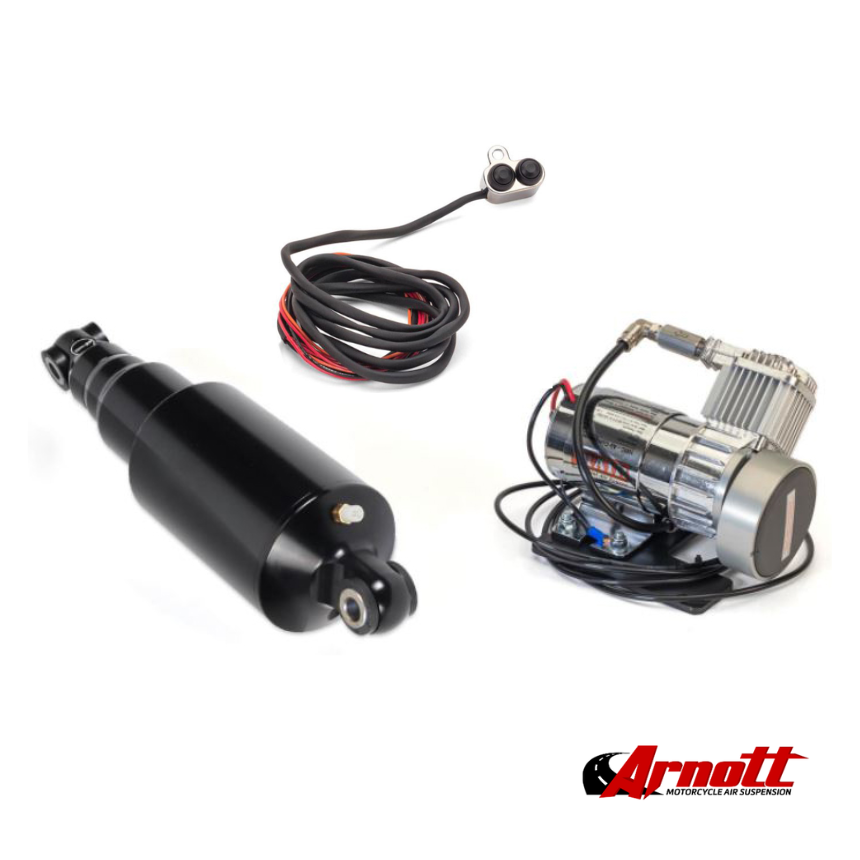 Arnott Rear Air Shock Absorbers – Black With Chrome Handlebar Switch. Fits Softail 2018up.
