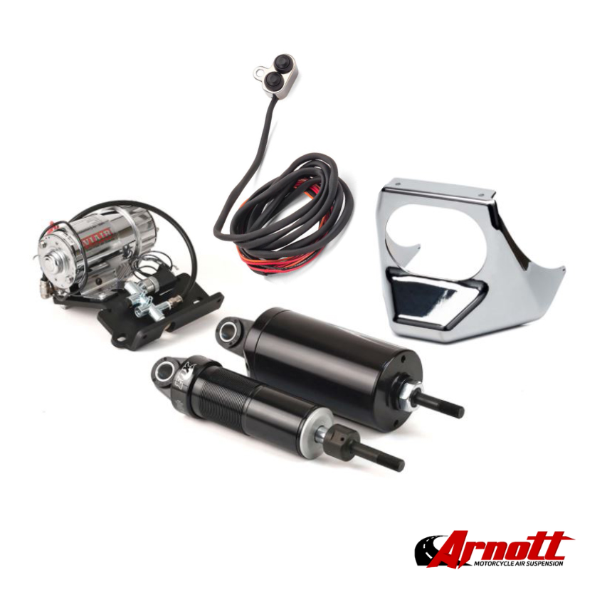 Arnott Rear Air Shock Absorbers – Black With Chrome Handlebar Switch. Fits Softail 2001-2017.