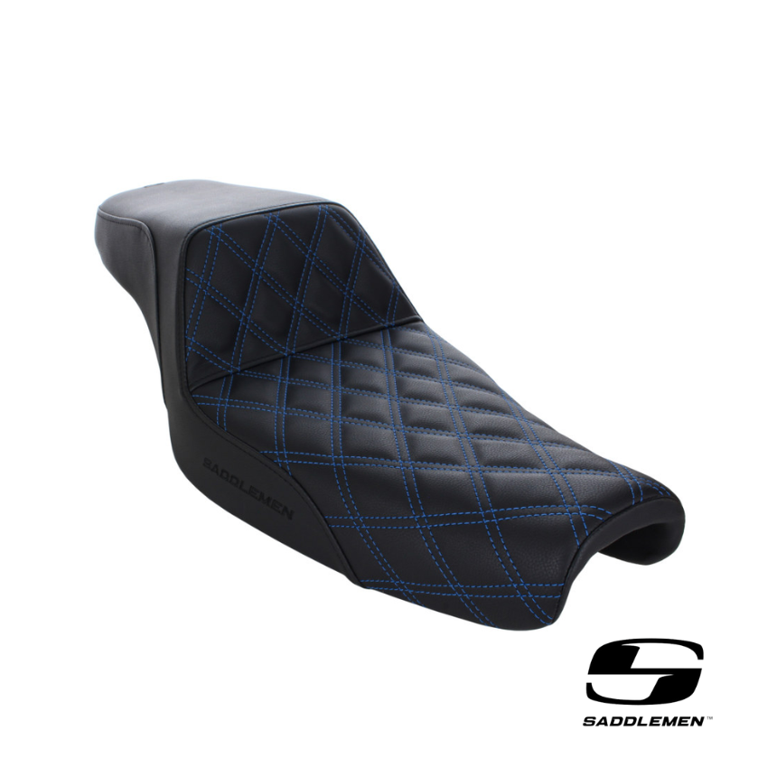 Saddlemen Step-Up LS Dual Seat With Blue Double Diamond Lattice Stitch. Fits Sportster 2004-2021 With 3.3 Gallon Fuel Tank.