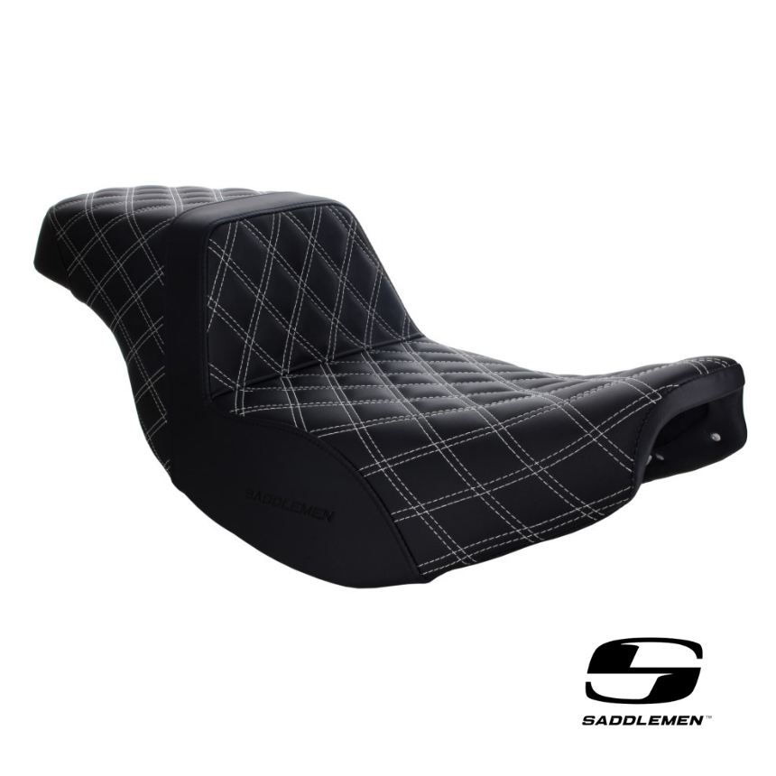 Saddlemen Step-Up LS Dual Seat with White Double Diamond Lattice Stitch Front & Rear. Fits Indian Touring 2014up