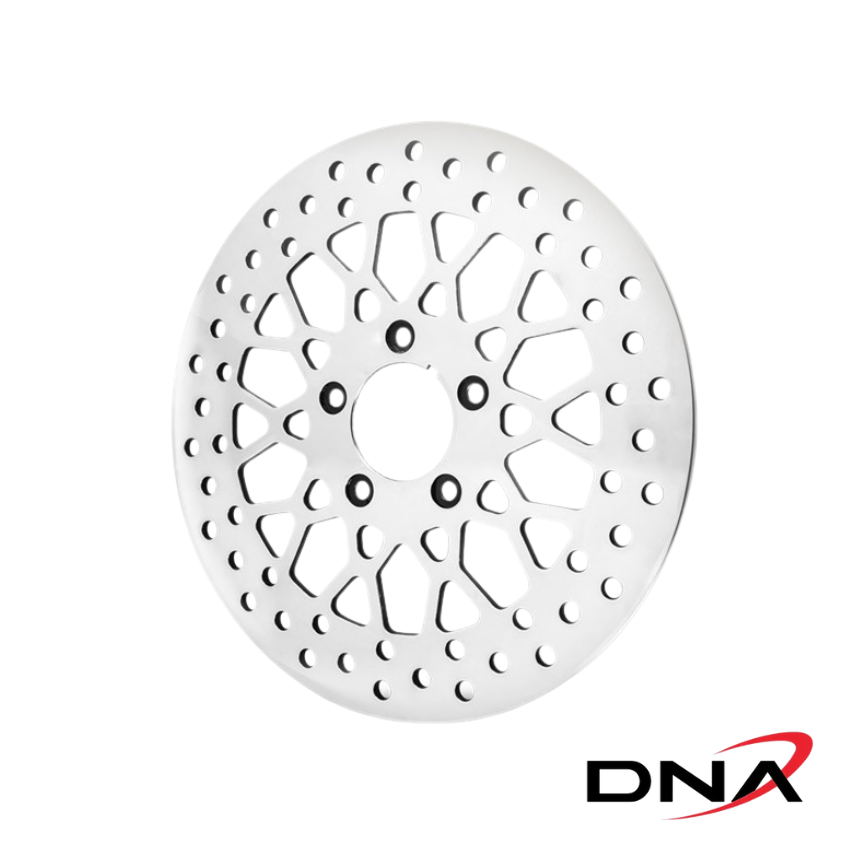 DNA 11.8in. Front Mesh Disc Rotor – Polished. Fits Dyna 2006-2017, Softail 2015up, Sportster 2014up & Touring 2008up.