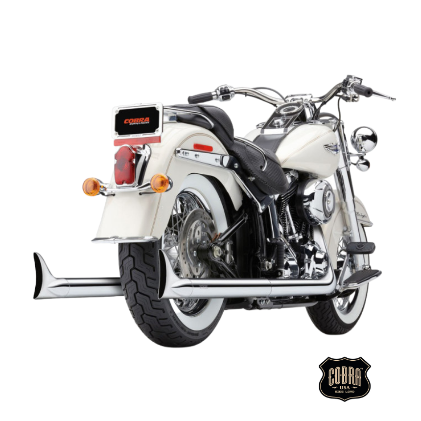Cobra Bad Hombre True Dual Exhaust – Chrome with Chrome Classic Fishtail Tips. Fits Softail 1997-2017.